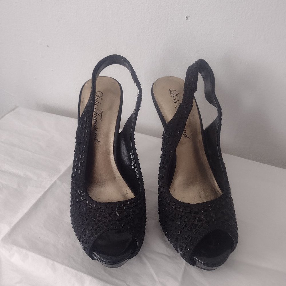LULU TOWNSEND Black, embellished, sling back, peep toe heels